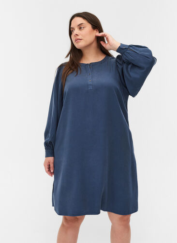 Kjole med lange pufærmer, Dark blue denim, Model image number 0