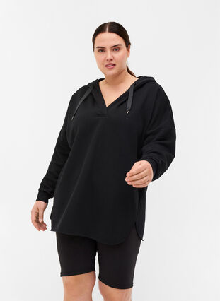 Sweatshirt med hætte og slids, Black, Model image number 0