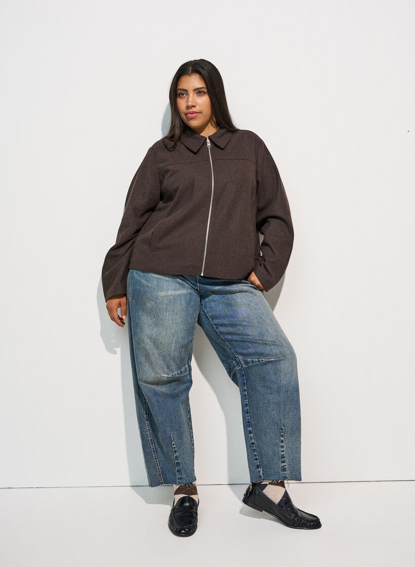 Kort jakke med skjortekrave og lynl&aring;s, Brun, Model image number 1