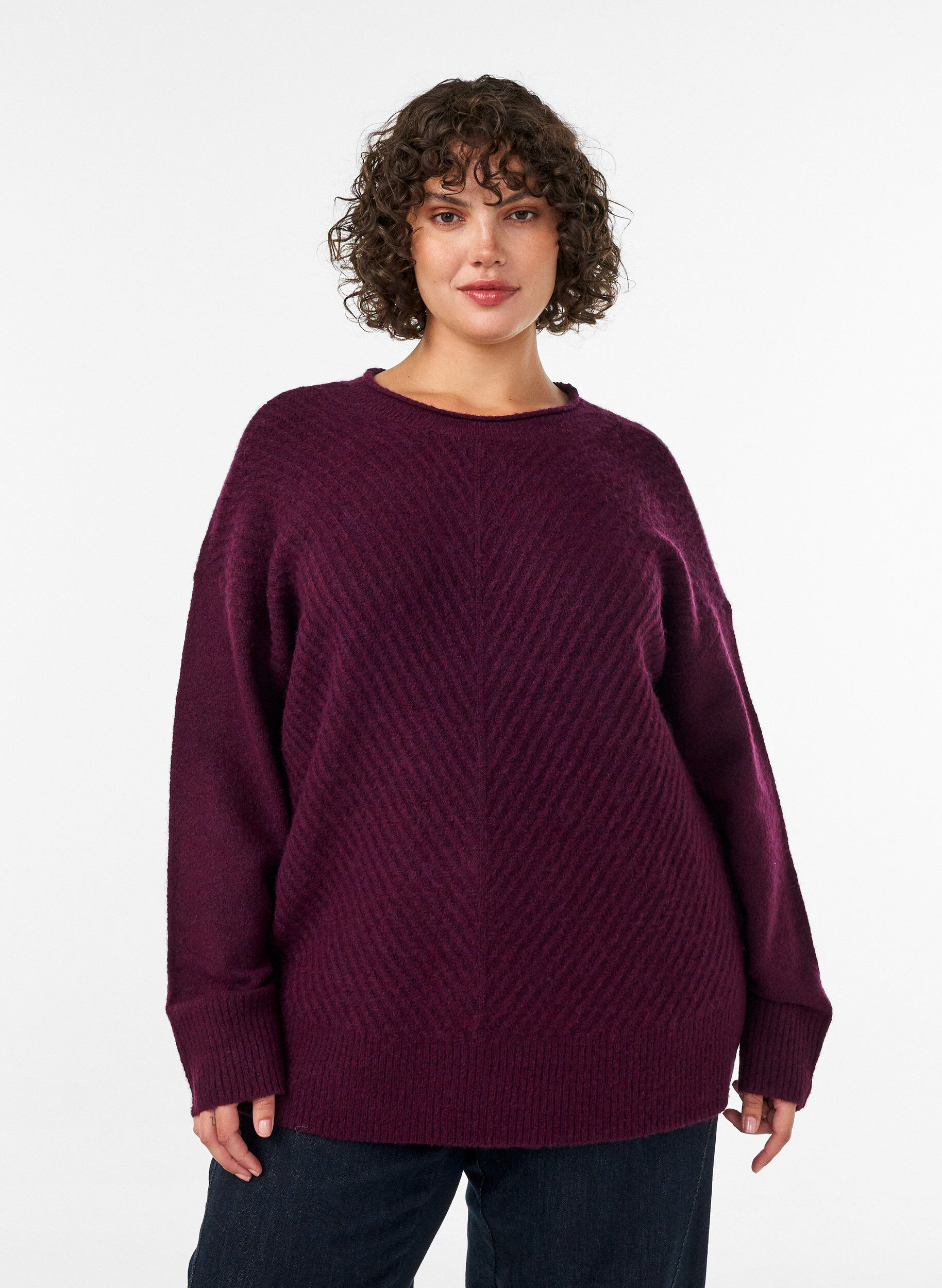 ZizziStrikbluse med V-formet ribm&oslash;nster og slidser, R&oslash;d, Model image number 0