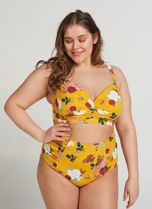 Højtaljet bikini underdel med blomsterprint, Yellow Flower Print, Model image number 1