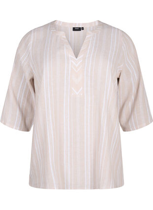 Stribet bluse i hør-viskosemix, Beige White Stripe, Packshot image number 0