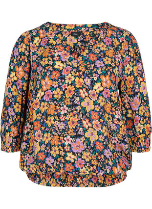 Blomstret viskose bluse med smock, Multi Flower AOP, Packshot image number 0