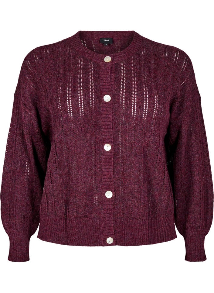 Strikket cardigan med hulm&oslash;nster, M&oslash;rk Bordeaux, Packshot image number 0