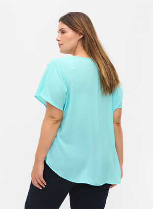 Bluse med korte ærmer og rund halsudskæring, Aqua Splash, Model image number 1