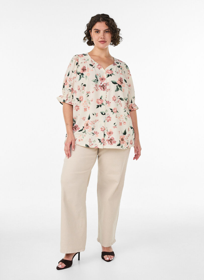 Skjortebluse med 1/2 &aelig;rmer, Lyser&oslash;d, Model image number 1