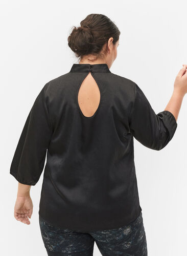 Bluse med 3/4 ærmer og kinakrave, Black, Model image number 1