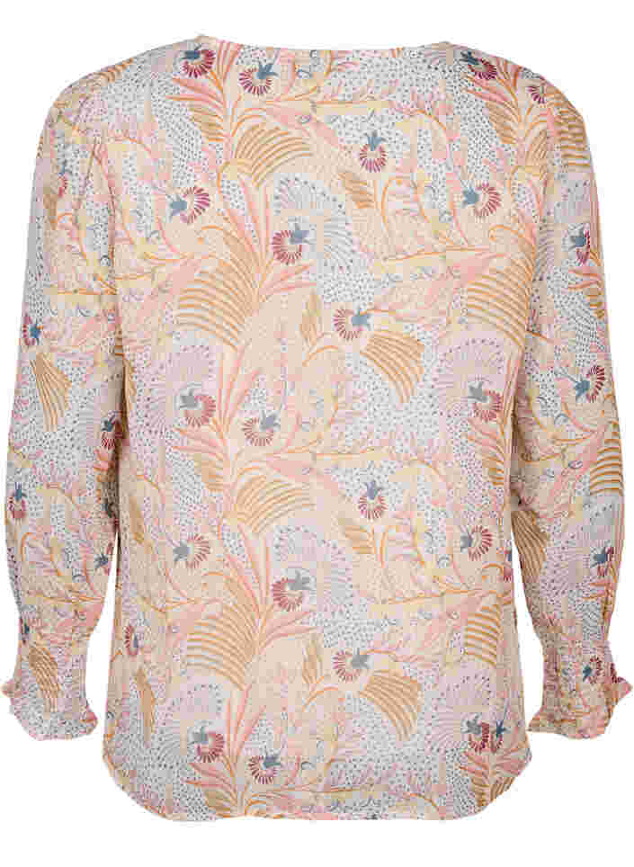 Blomstret bluse med lange ærmer og v-hals, Yellow/Pink AOP, Packshot image number 1