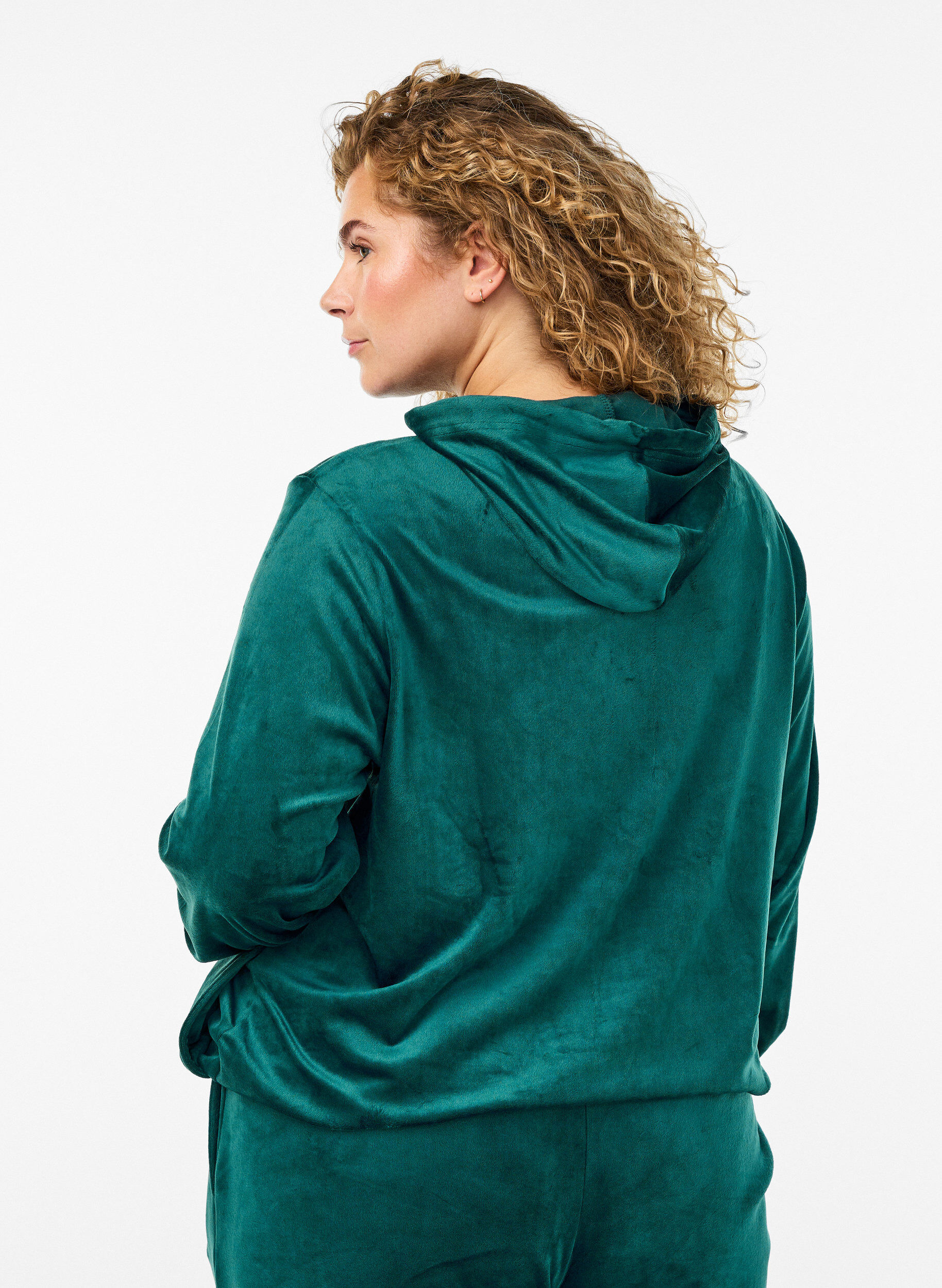 Zizzi Velour cardigan med lynl&aring;s og h&aelig;tte , Gr&oslash;n, Model image number 2
