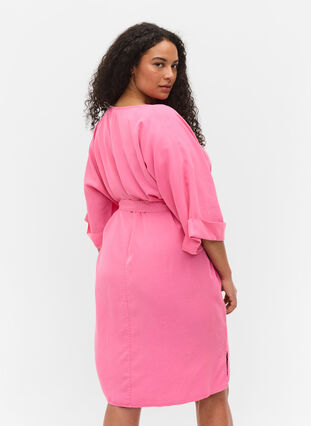 Kjole med 3/4 ærmer og bindebånd, Shocking Pink, Model image number 1