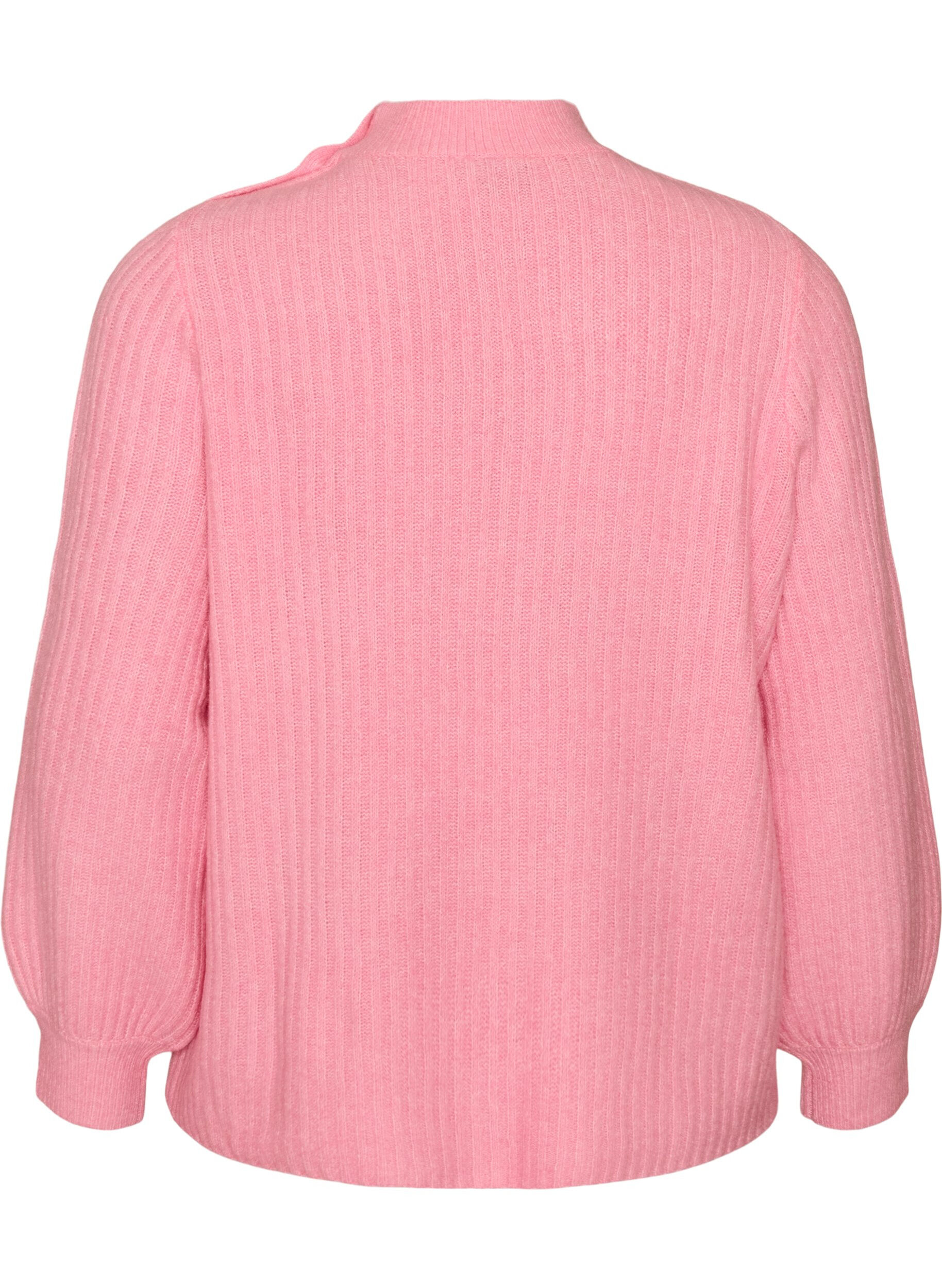 ZizziRibstrikket sweater med ballon&aelig;rmer og knapper, Lyser&oslash;d, Packshot image number 1