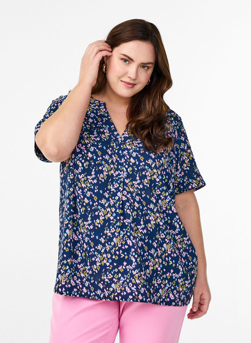 Kortærmet bluse med v-udskæring, Lyserød, Model image number 0