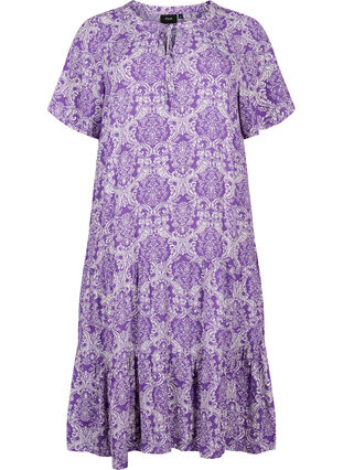 Kortærmet viskose kjole med print, D. Lavender Oriental, Packshot image number 0