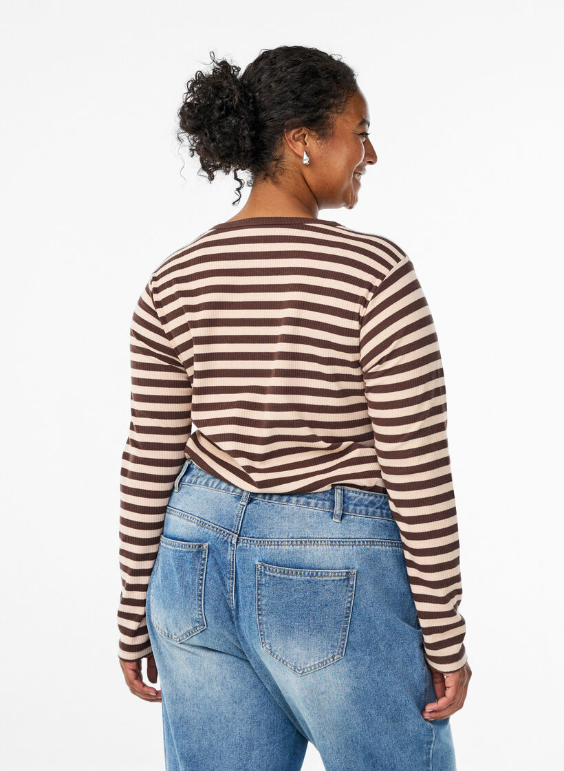 Stribet bluse med lange &aelig;rmer, Brun, Model image number 2
