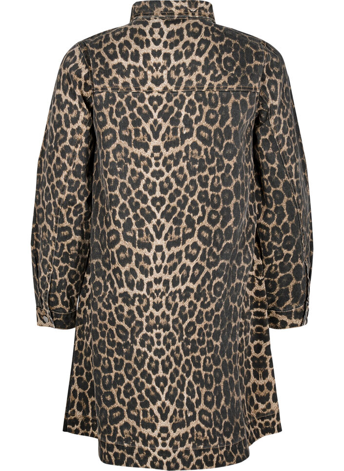 Langærmet denimkjole med leopardprint, Brown Leo AOP, Packshot image number 1