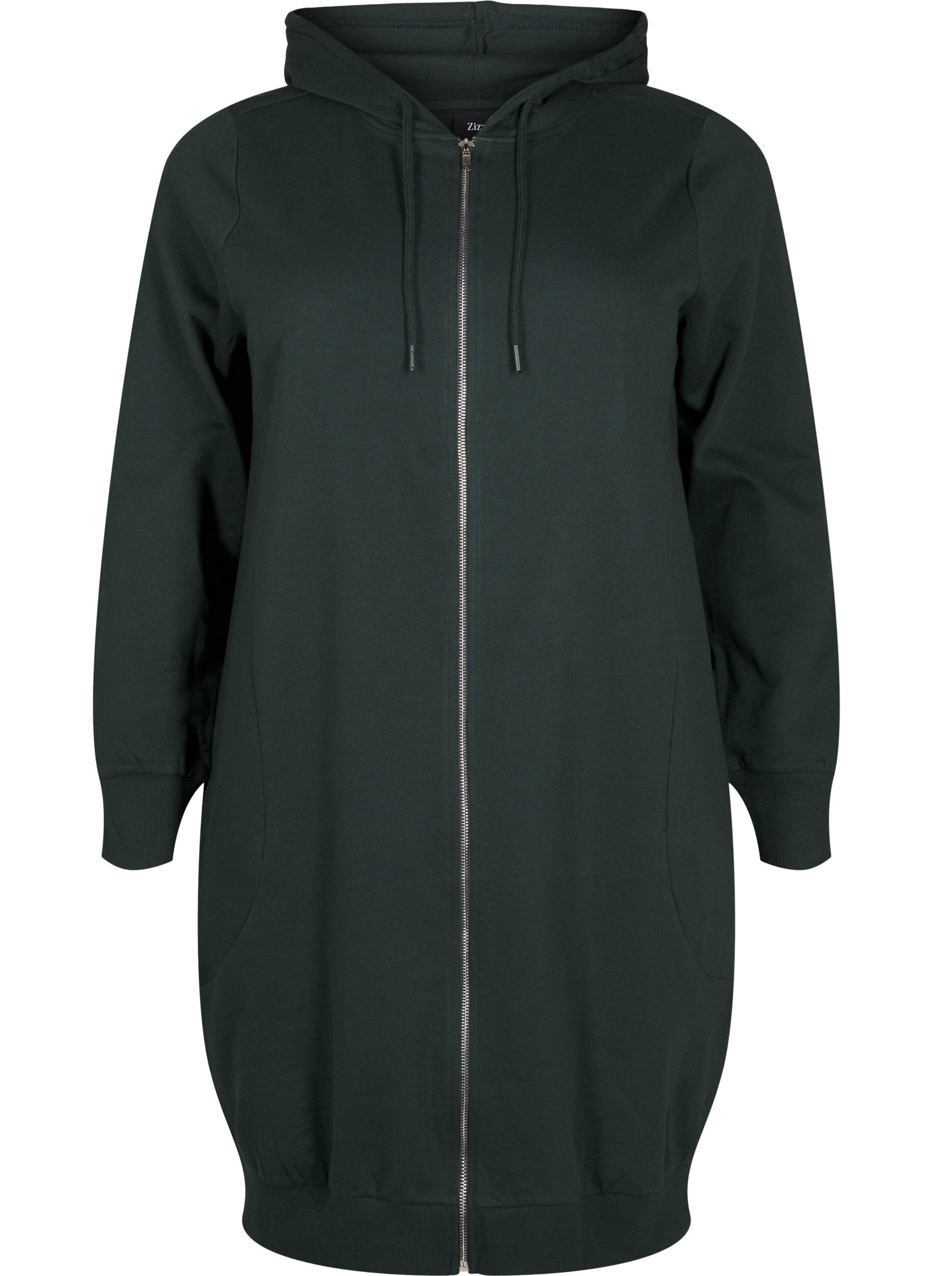 Lang bomulds sweat cardigan med h&aelig;tte