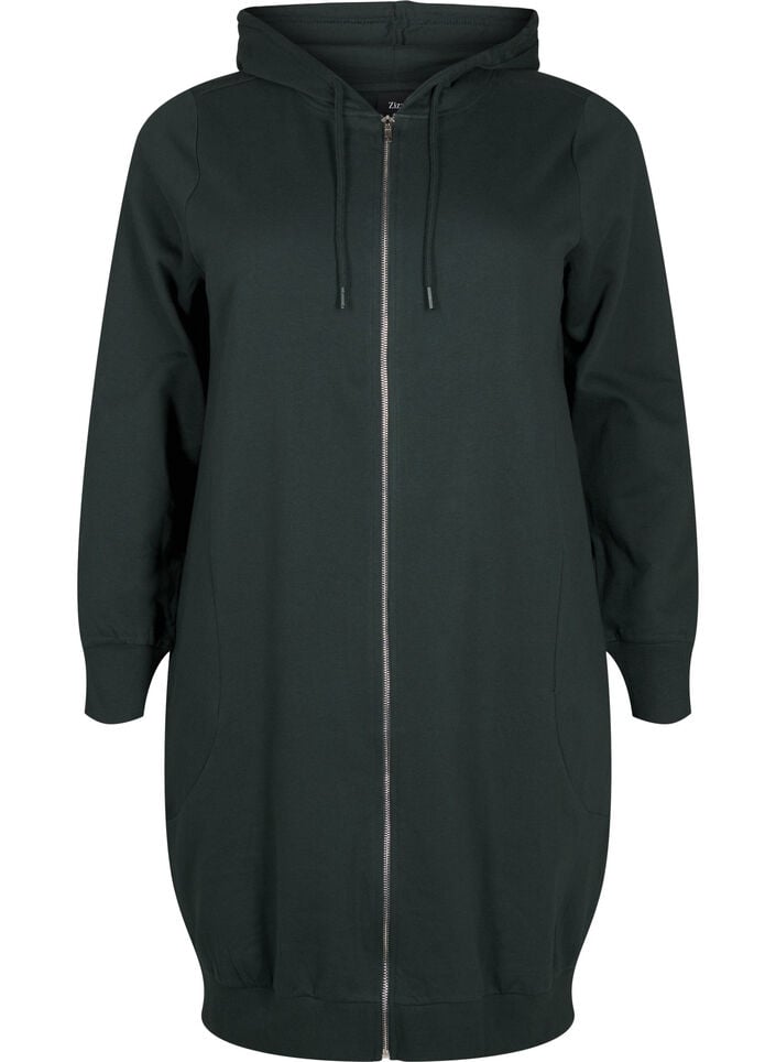 Lang bomulds sweat cardigan med h&aelig;tte, Gr&oslash;n, Packshot image number 0