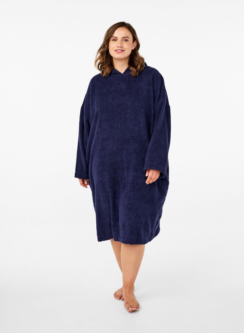 Frott&eacute; poncho med h&aelig;tte, Navy Blazer, Model image number 2