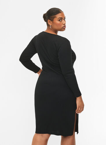 Tætsiddende kjole med lange ærmer og slids, Black, Model image number 1