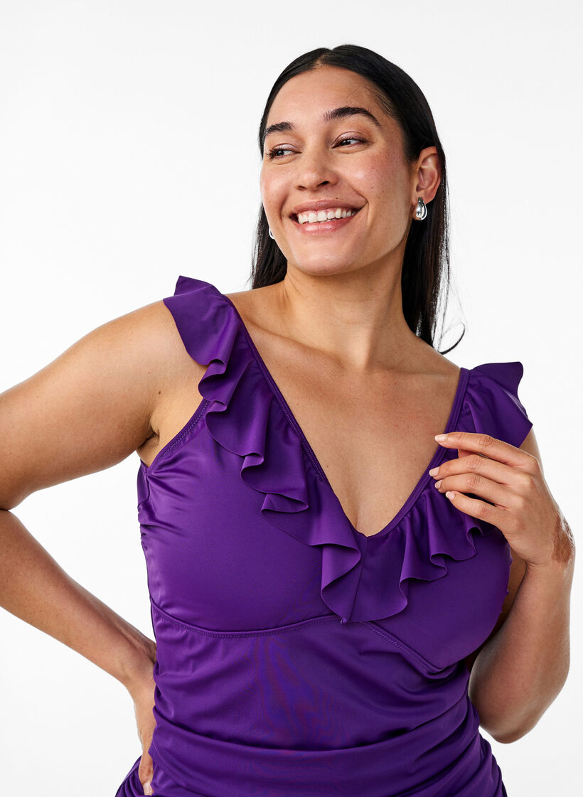 Badedragt med fl&aelig;ser og udtagelige indl&aelig;g, Lilla, Model image number 2