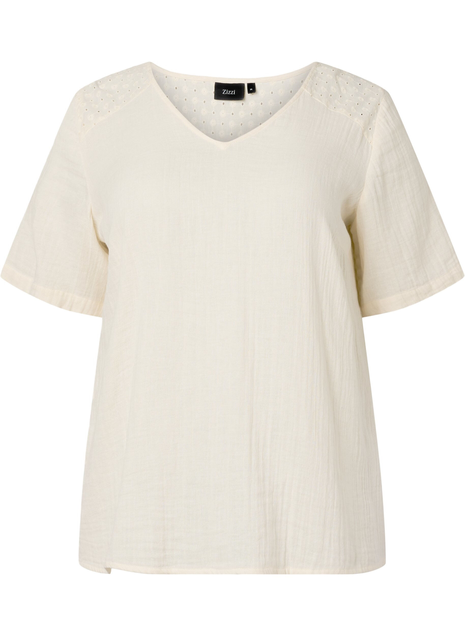 Zizzi Bluse i bomuld med broderi og korte &aelig;rmer, Buttercream, Packshot image number 0