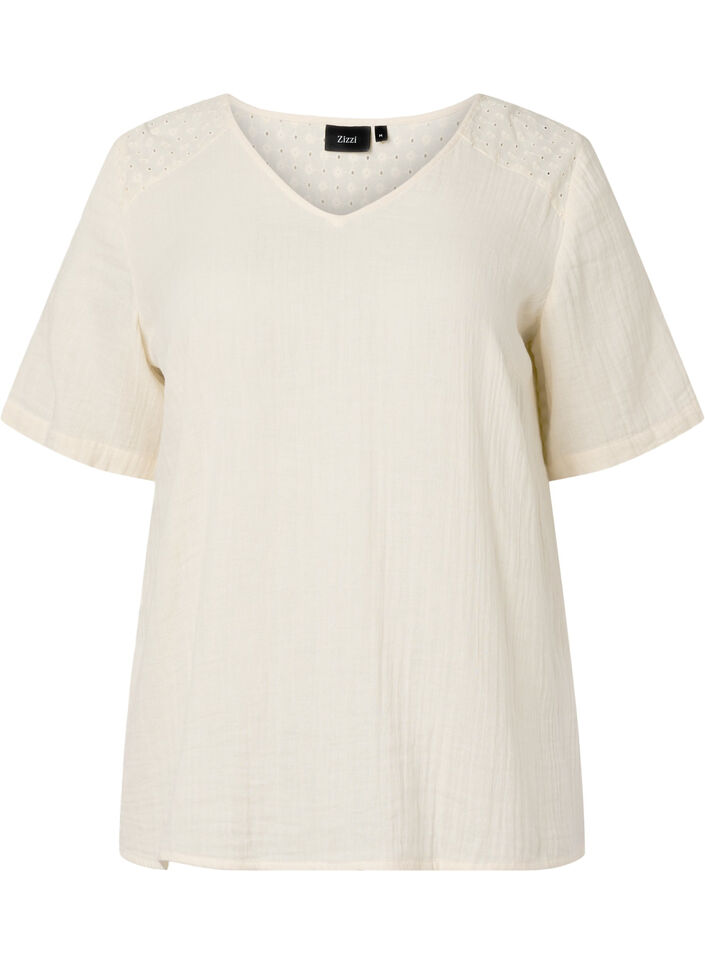 Bluse i bomuld med broderi og korte ærmer, Buttercream, Packshot image number 0