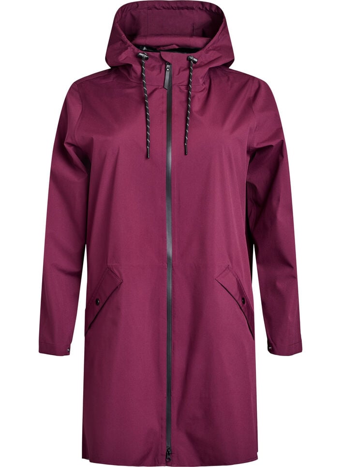 Regnjakke med lommer og h&aelig;tte, M&oslash;rk Bordeaux, Packshot image number 0