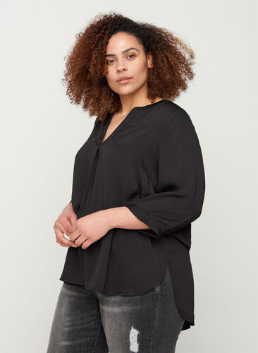 Bluse med 3/4 ærmer og v-udskæring, Black, Model image number 0