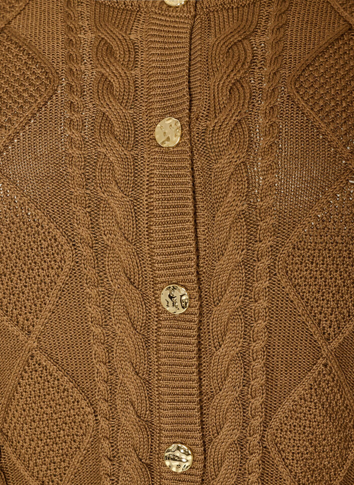 Kabelstrikket cardigan med dekorative knapper, Brun, Packshot image number 2