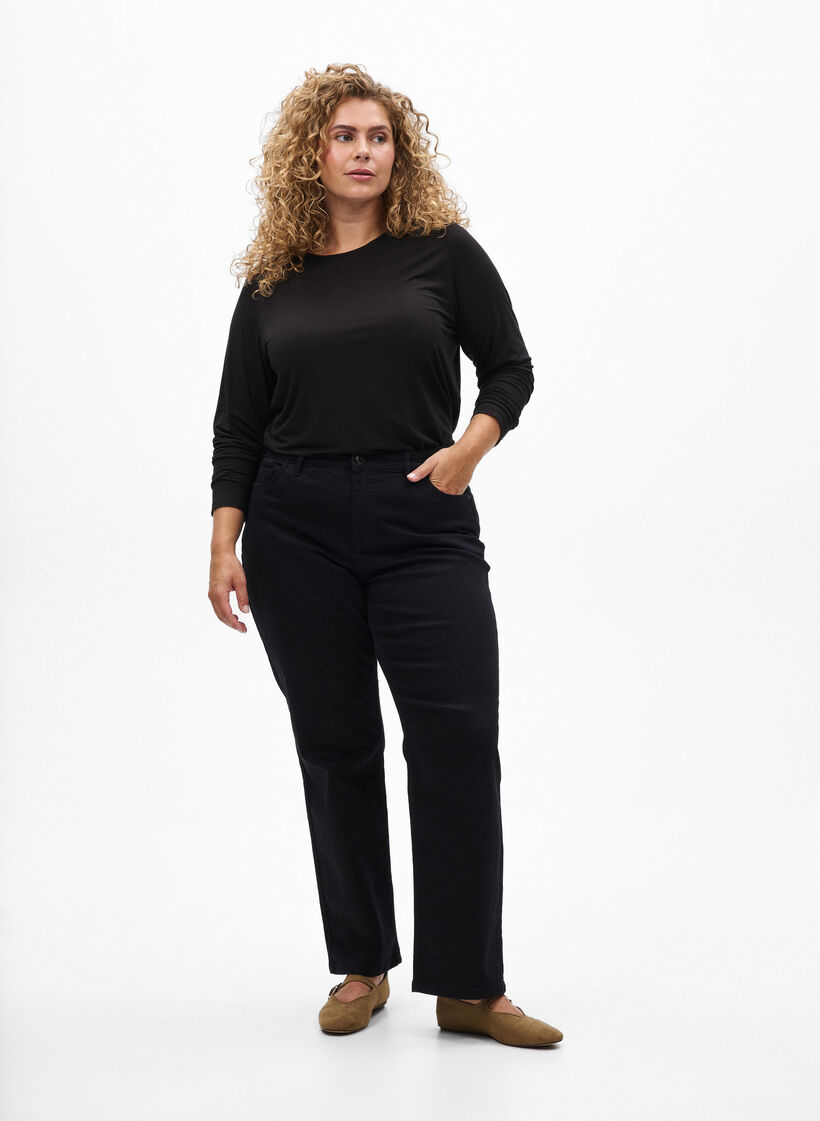 Ensfarvet bluse med lange &aelig;rmer, Sort, Model image number 1