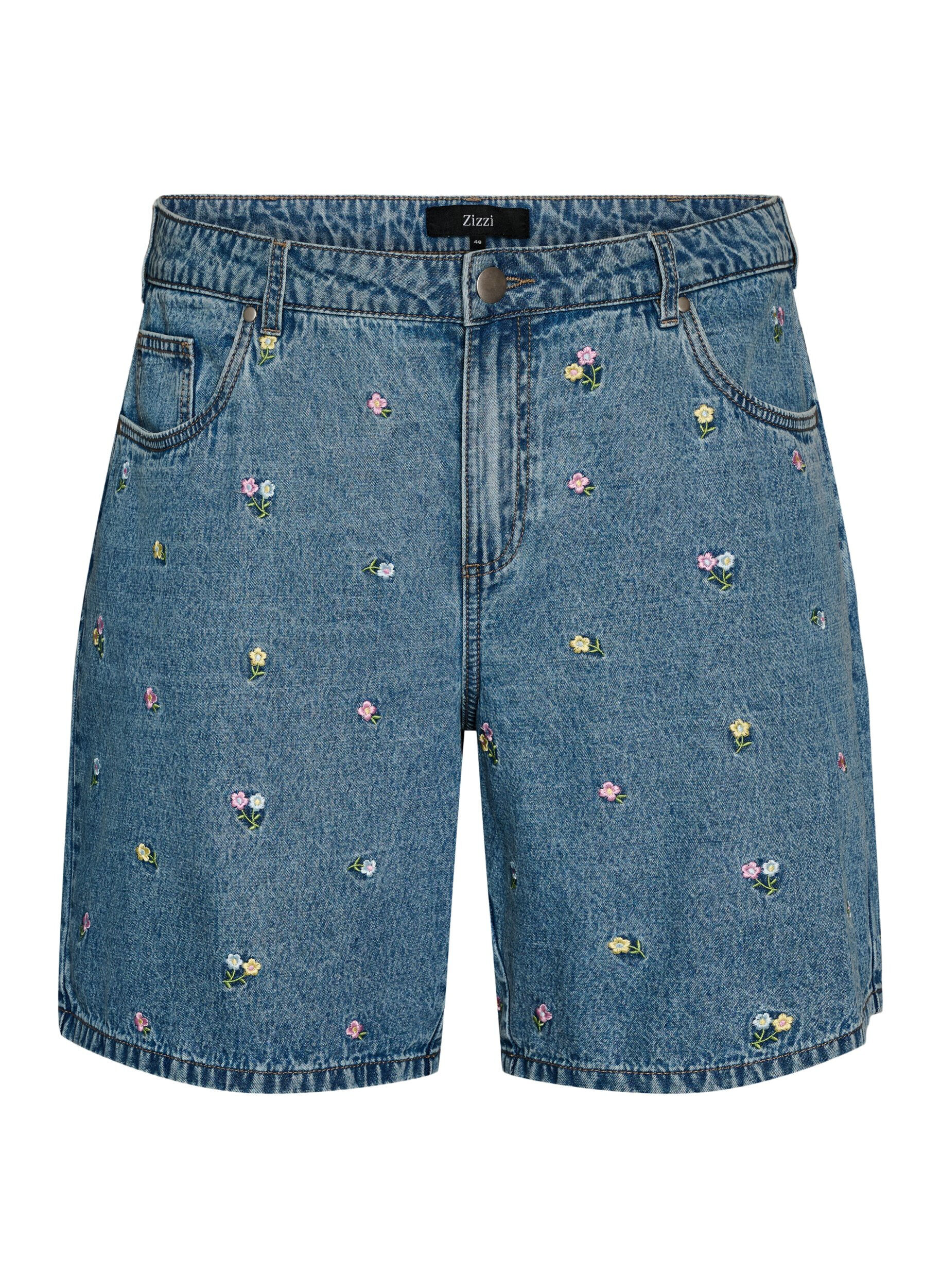 Zizzi Denim shorts med broderede blomster, Bl&aring;, Packshot image number 0