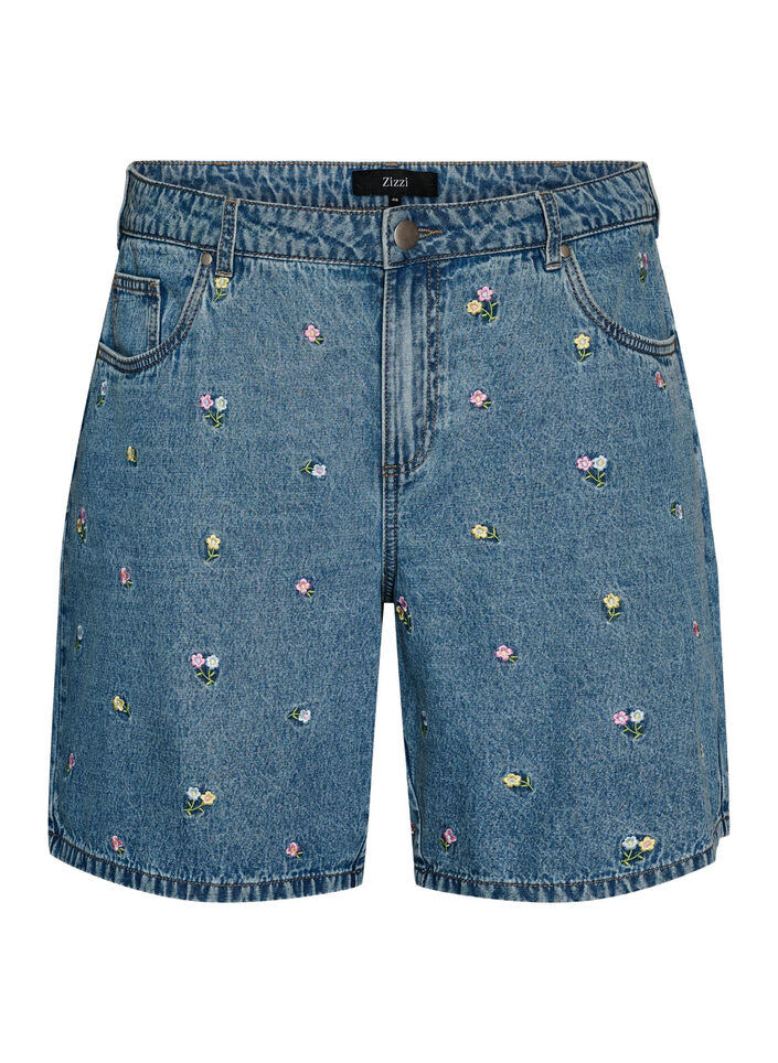 Denim shorts med broderede blomster, Bl&aring;, Packshot image number 0