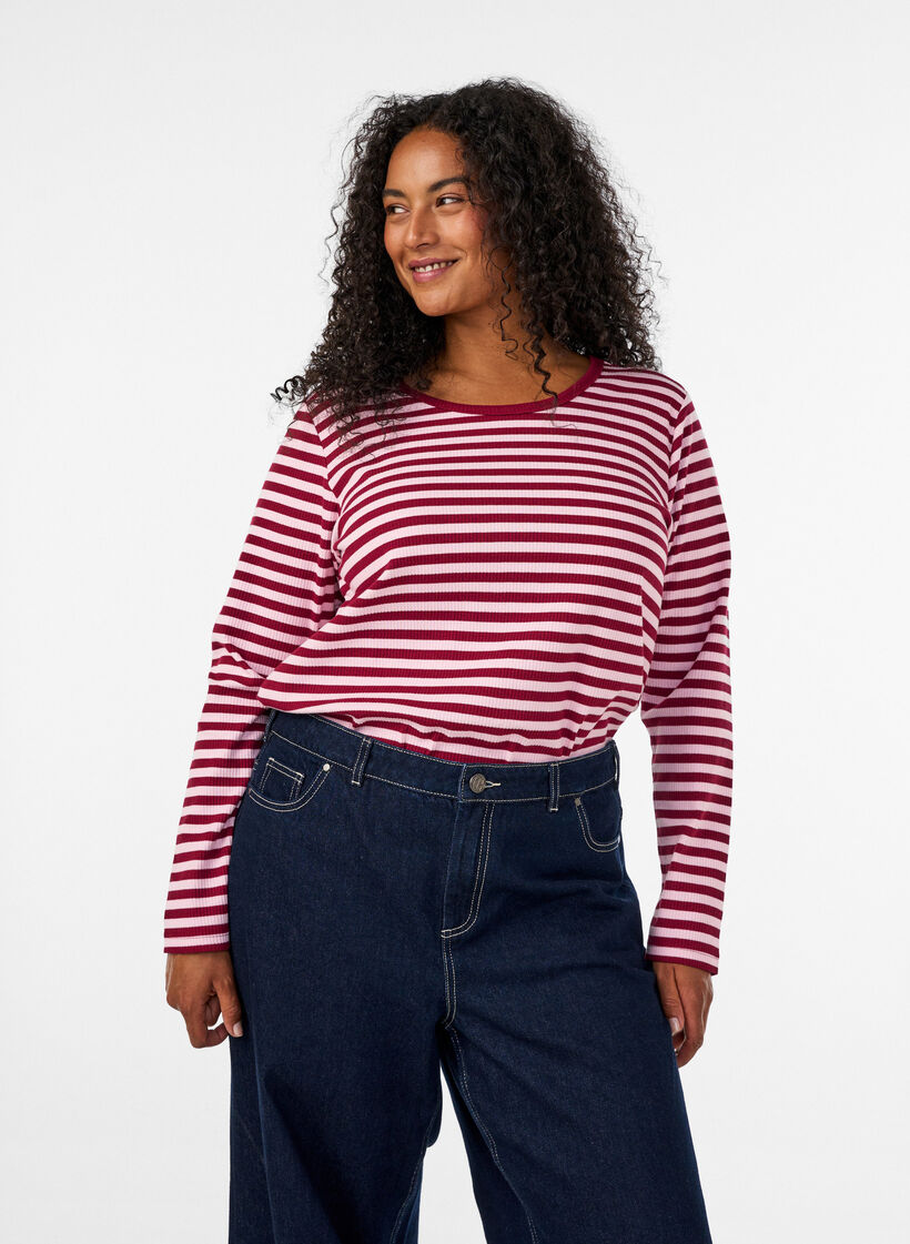 Stribet bluse med lange &aelig;rmer, Lyser&oslash;d, Model image number 0
