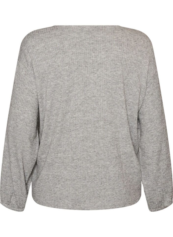 Jerseybluse med ribstruktur og V-hals, Gr&aring;, Packshot image number 1