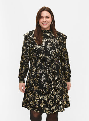 Langærmet kjole med flæser og folieprint, Black Foil AOP, Model image number 2