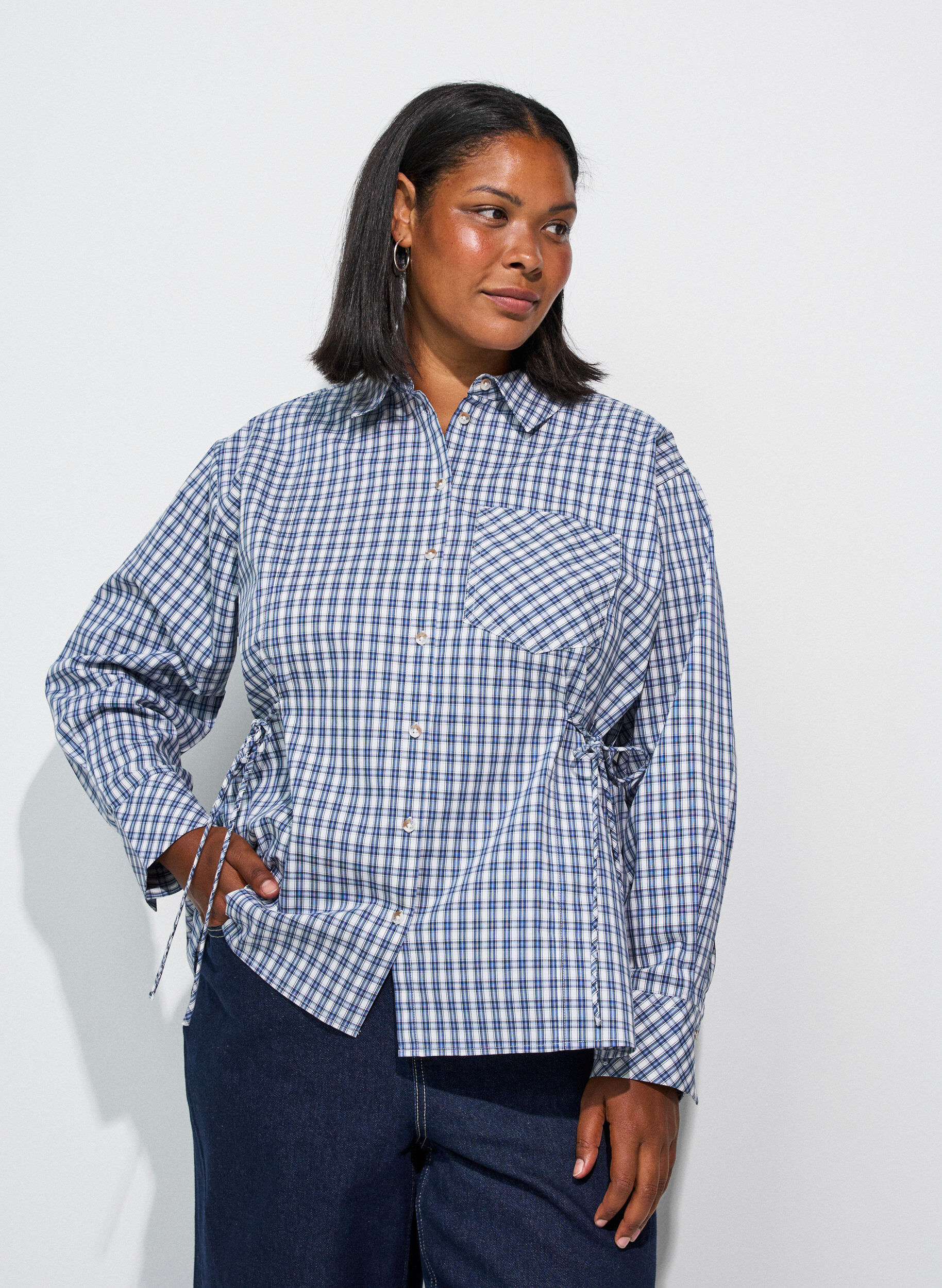 ZizziL&oslash;s skjorte med tern og bindeb&aring;nd, Bl&aring;, Model image number 3