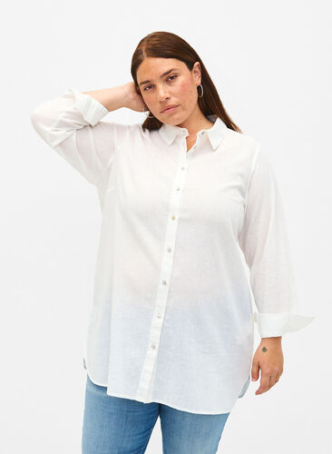 Lang skjorte i hør og bomuld, Bright White, Model image number 0