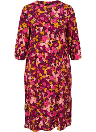Blomstret viskose kjole med 3/4 ærmer , Hot Pink Flower, Packshot image number 0