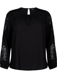 Langærmet bluse med crochet detaljer, Black