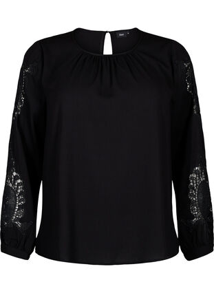 Langærmet bluse med crochet detaljer, Black, Packshot image number 0