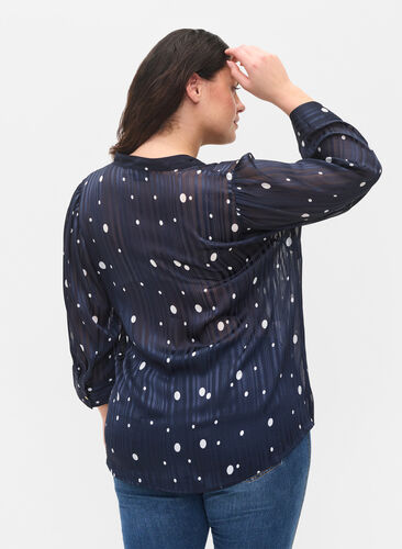 Printet skjortebluse med 3/4 ærmer, Navy Blazer Dot, Model image number 1
