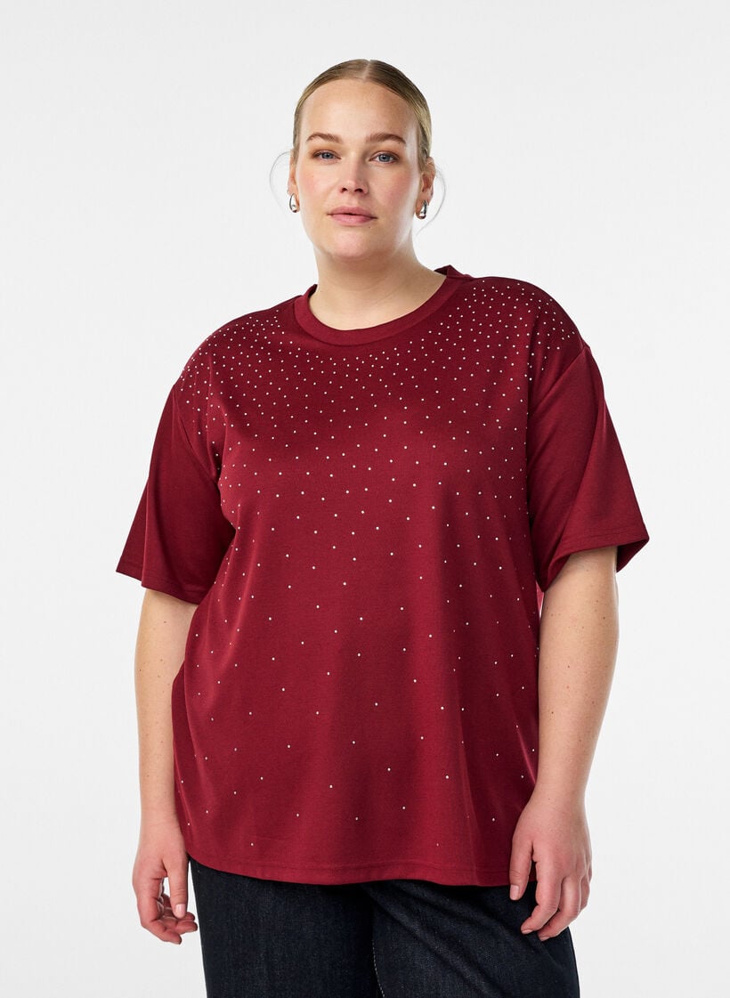 T-shirt med rhinsten og rund hals, M&oslash;rk Bordeaux, Model image number 0