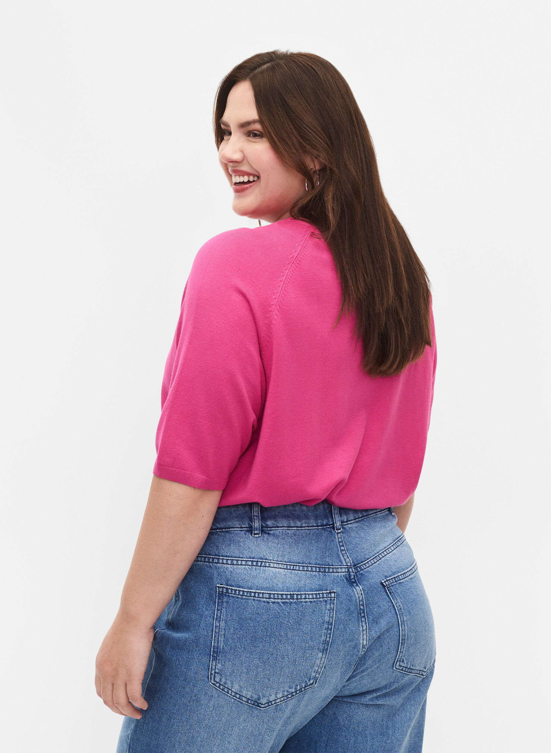 Zizzi Viskose strikbluse med 3/4 &aelig;rmer, Raspberry Rose, Model image number 1