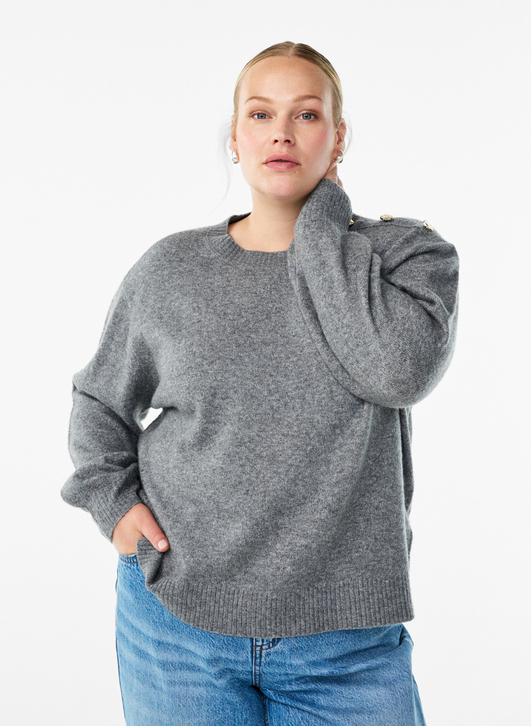 ZizziStrikbluse med knapdetalje, Gr&aring;, Model image number 0