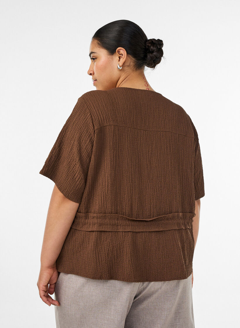 Bluse med struktur og bindeb&aring;nd i taljen, Brun, Model image number 2