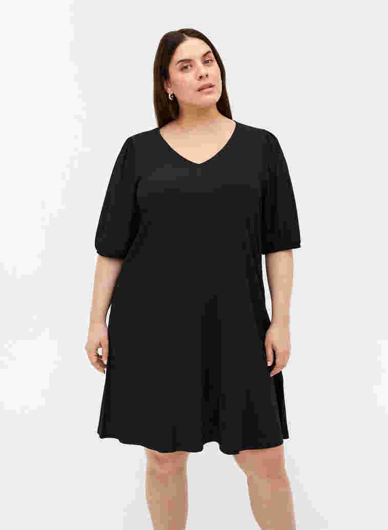 Kjole med pufærmer og v-hals, Black, Model