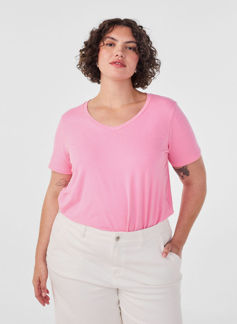 Ensfarvet basis t-shirt i bomuld, Lyser&oslash;d, Model image number 0