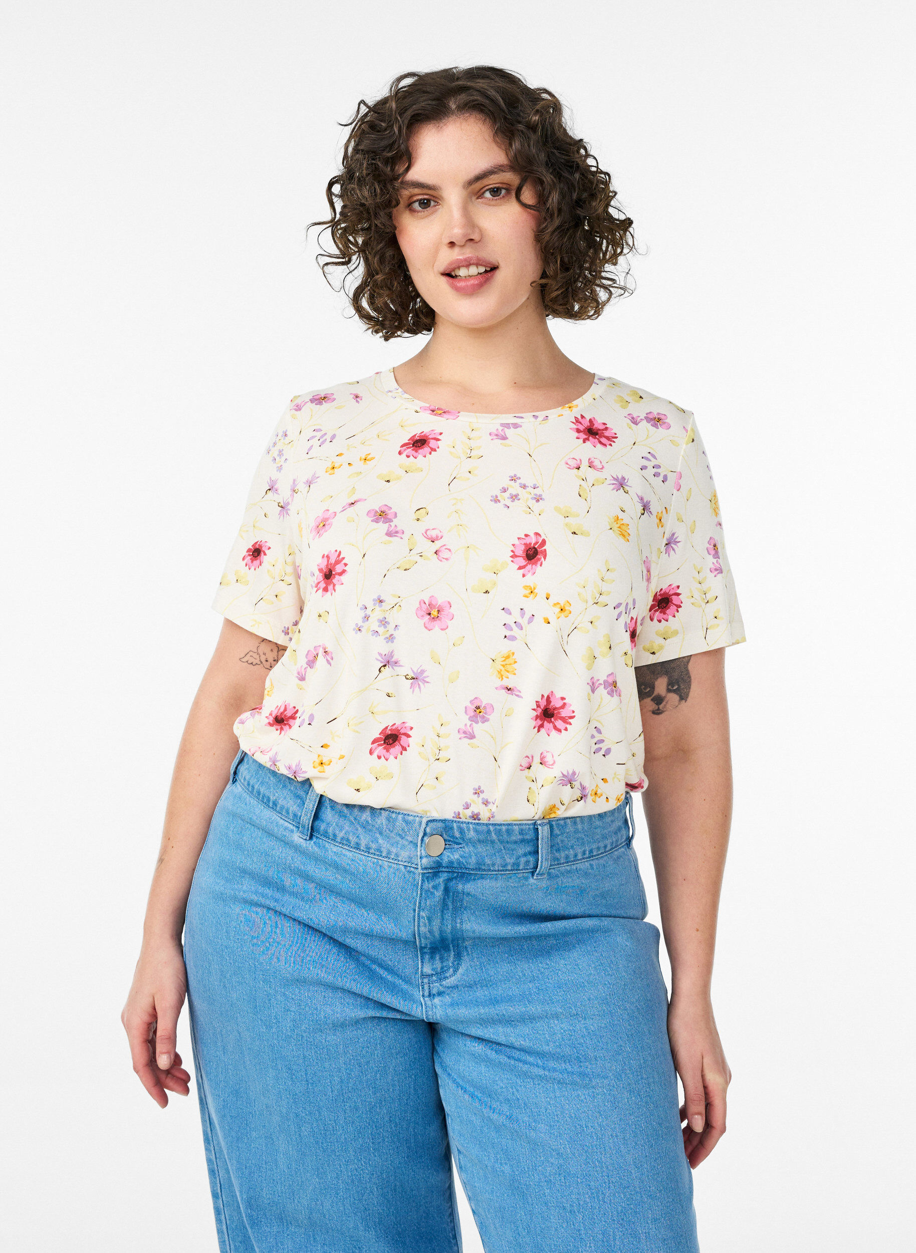 T-shirt med blomsterprint, Hvid, Model