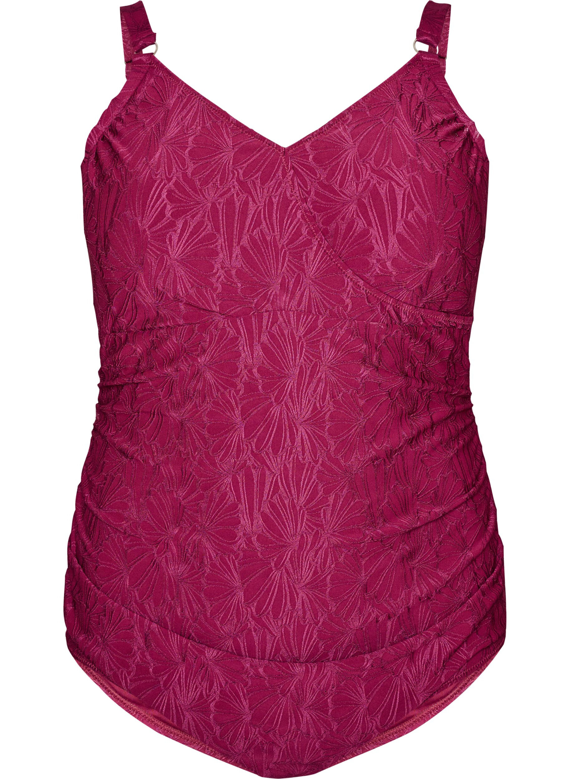 Zizzi Badedragt med wrapdetalje og tone-i-tone blomsterstruktur, R&oslash;d, Packshot image number 0