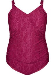 Badedragt med wrapdetalje og tone-i-tone blomsterstruktur, R&oslash;d